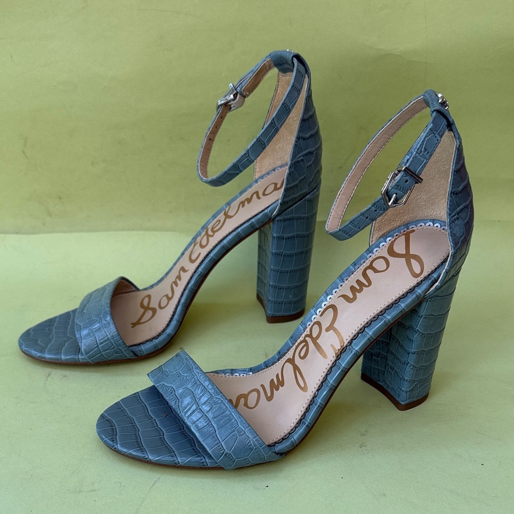 Sam Edelman Grayish Blue Croc-Embossed Leather Heels with Silver Hardware - Picture 2 of 10
